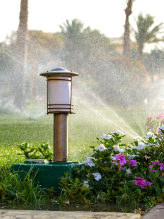 Plastic sprinkler irrigating flower bed on grass lawn with water in summer garden. Watering green vegetation duging dry season for maintaining it fresh.