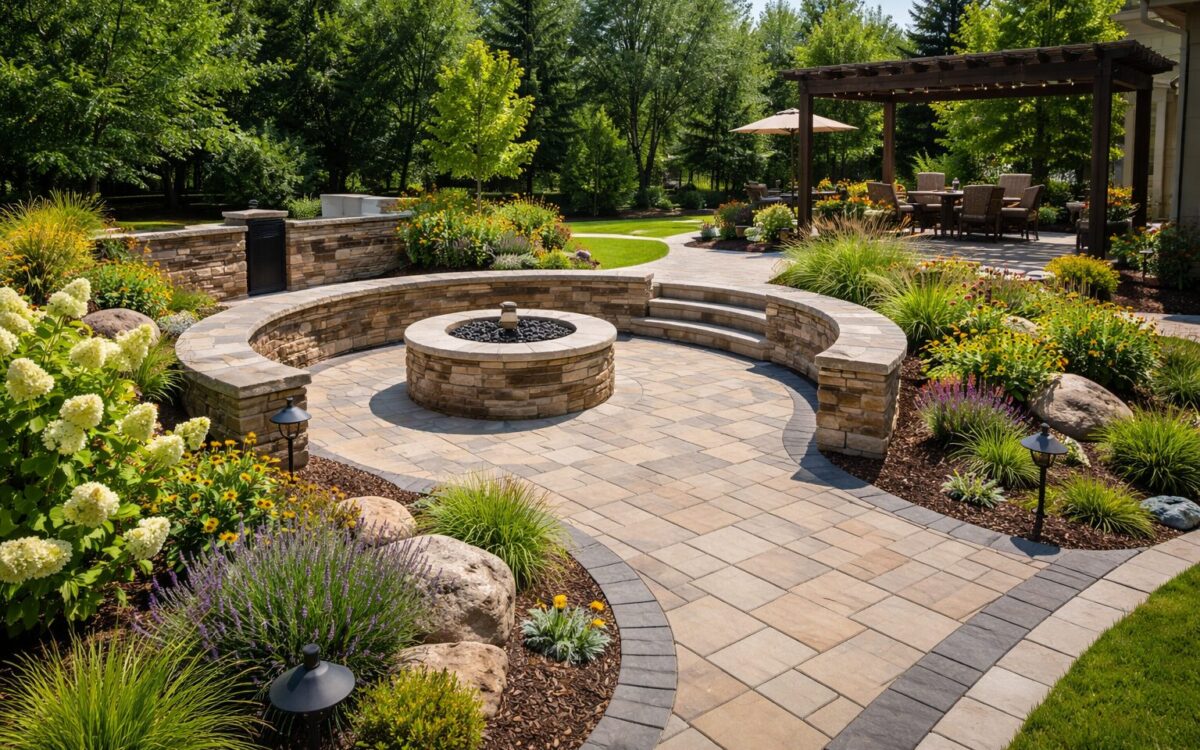 Hardscaping in Kansas City featuring a stone paver patio with circular fire pit, seating wall, pergola, and landscaped garden