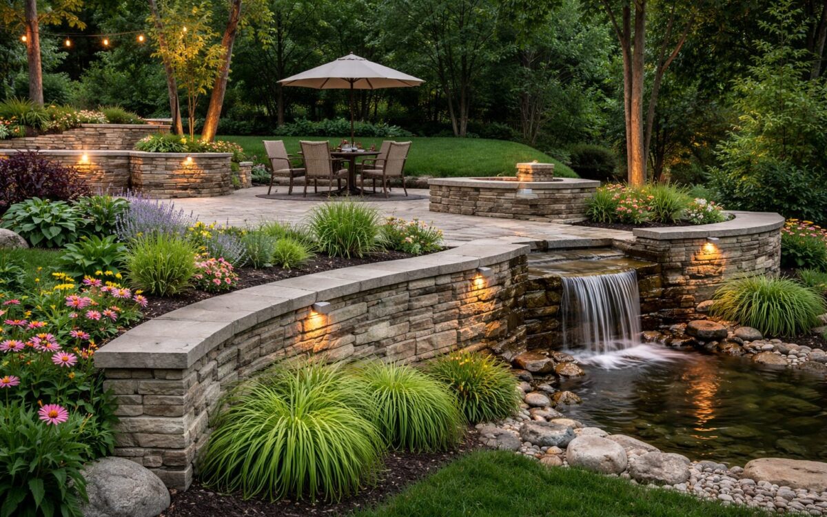 Custom stone retaining wall installed by a stone wall contractor in Kansas City for a landscaped backyard with patio and water feature
