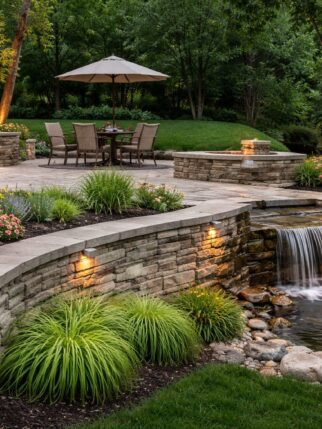 Custom stone retaining wall installed by a stone wall contractor in Kansas City for a landscaped backyard with patio and water feature