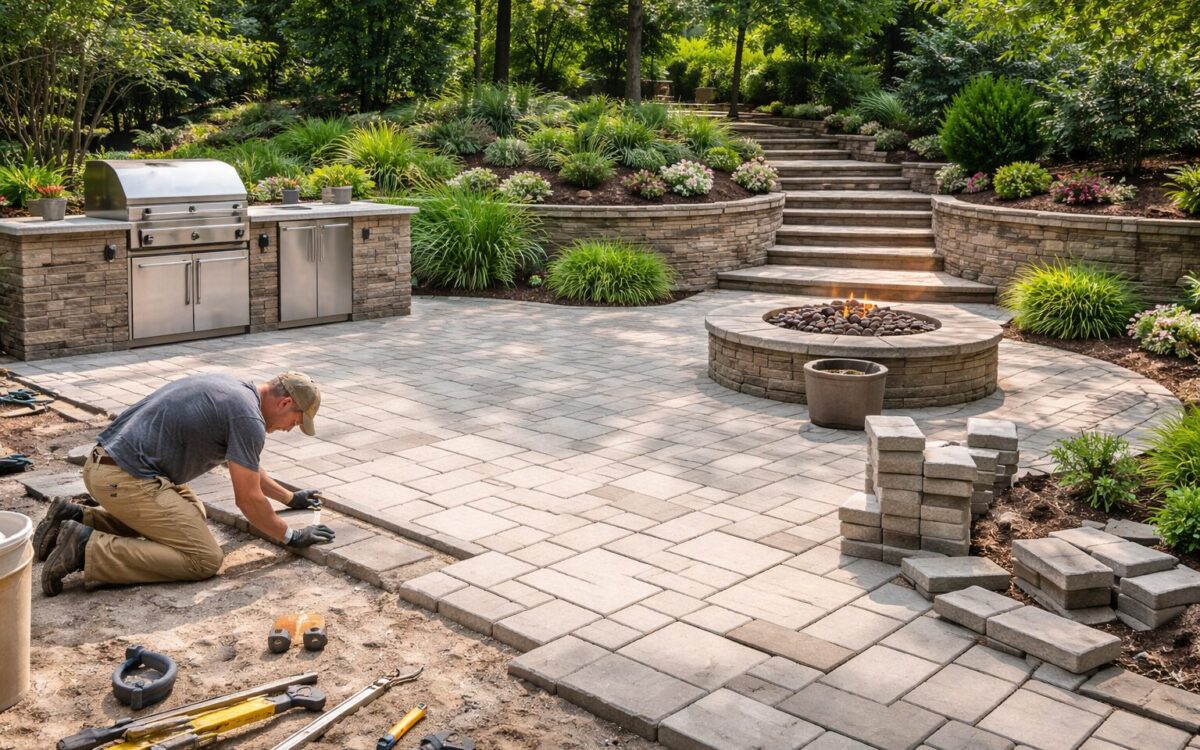 Hardscape contractors installing curved stone paver walkway