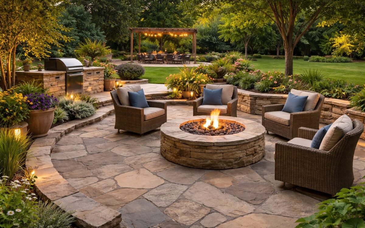 Natural stone patio installation with circular fire pit, outdoor seating, and landscaped backyard at dusk