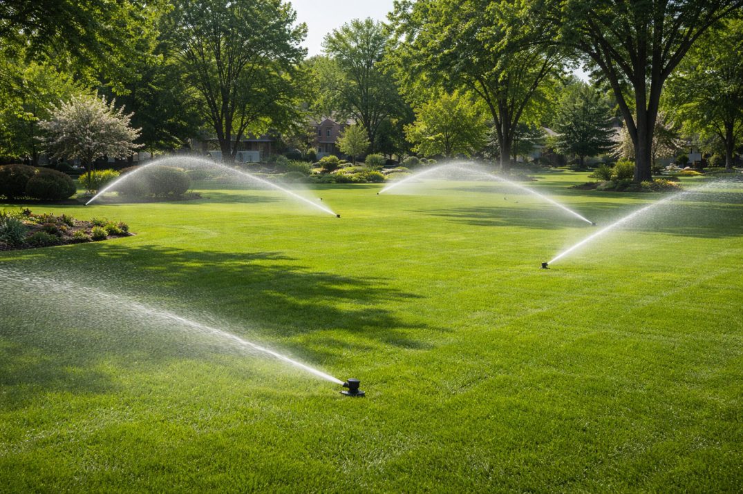 lush green lawn with active sprinkler system irrigation in Overland Park KS